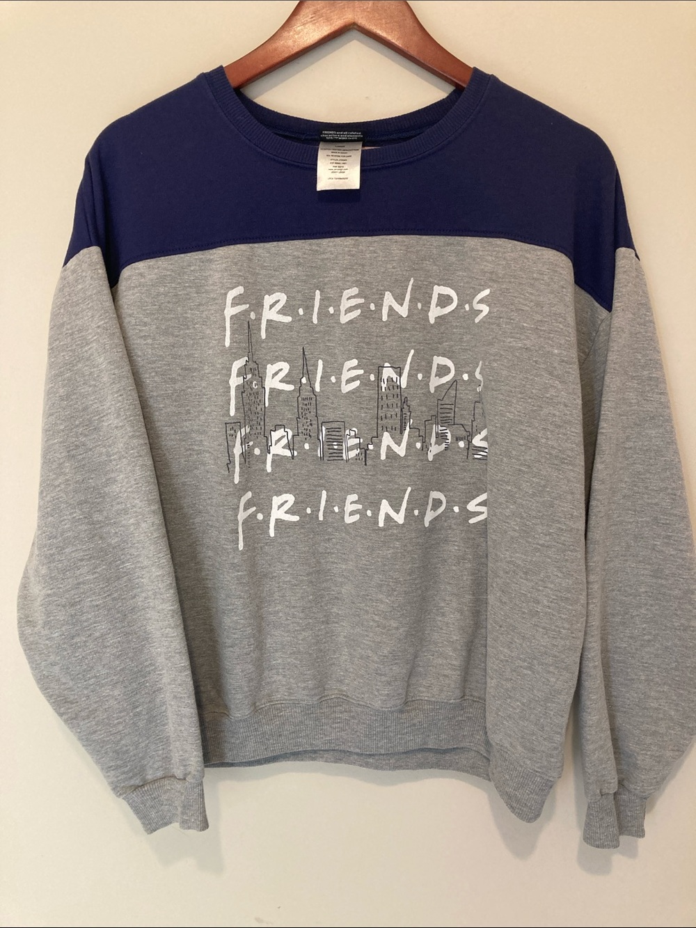 FRIENDS Gray and Navy Colorblock Graphic Crewneck Sweatshirt